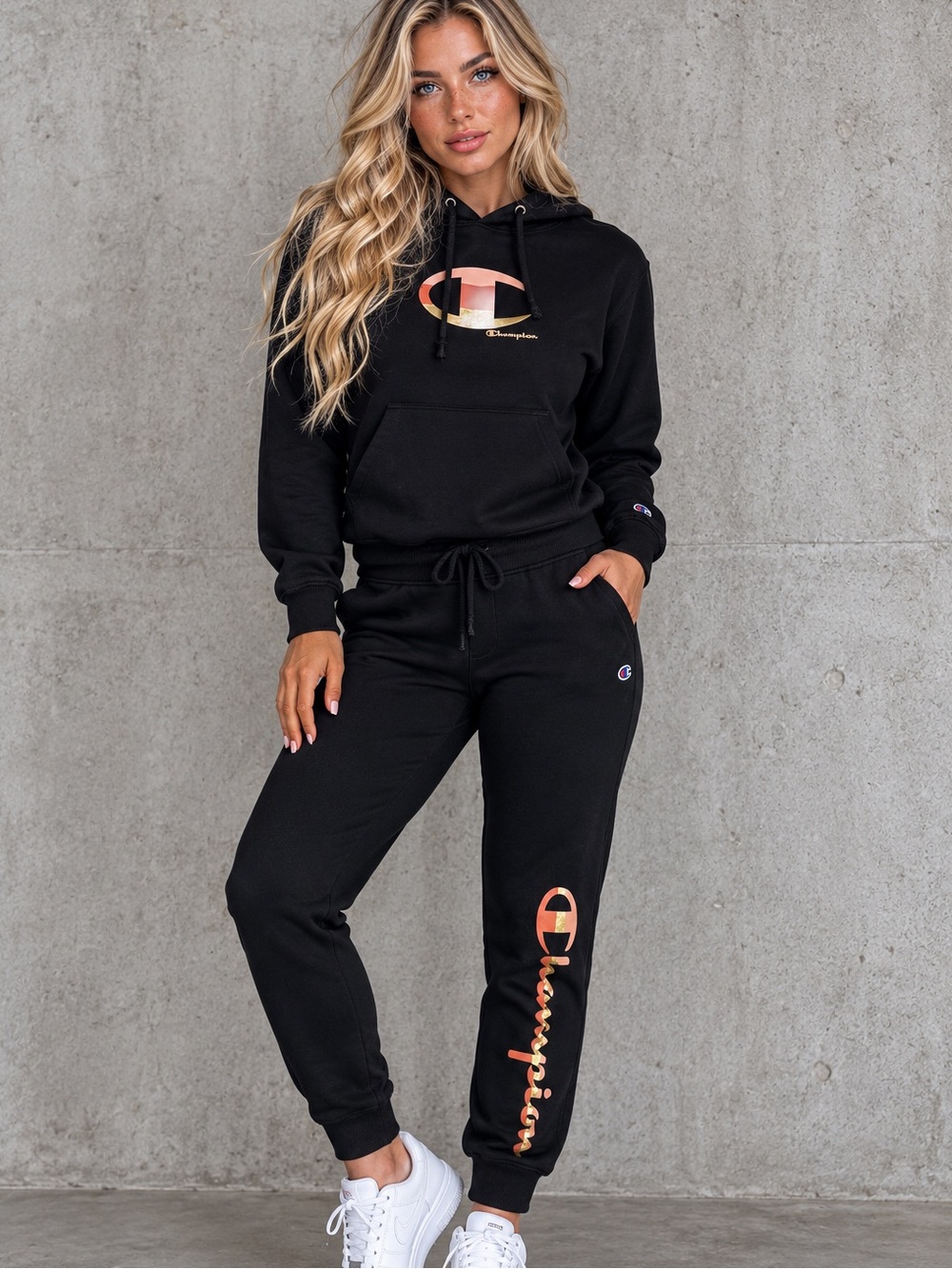Champion Black Logo Jogger Set with Gold Accent Womens Size Small
